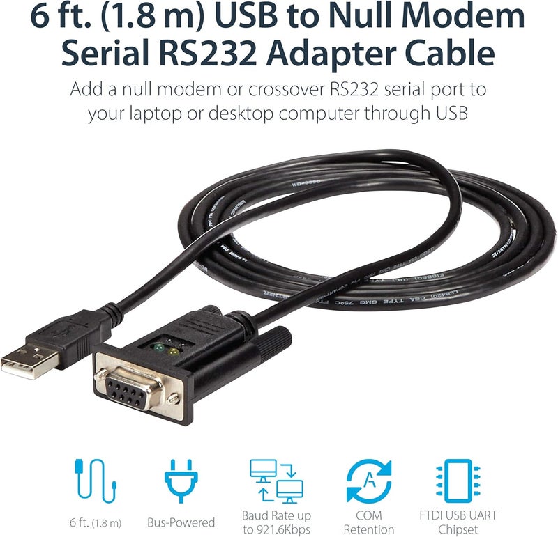 Star Tech .com 6ft (1.8m) 1-Port USB to Serial RS232 Adapter, FTDI DB9 Serial DCE Adapter Cable, Null Modem, USB 2.0 - TAA - Image 2